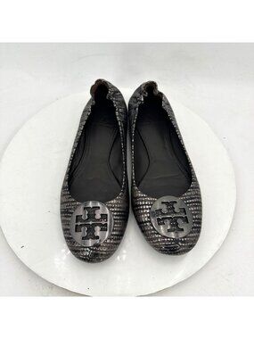 Tory Burch Reva Women Size 8M Grey Lizard Embossed leather ballet flats Shoes